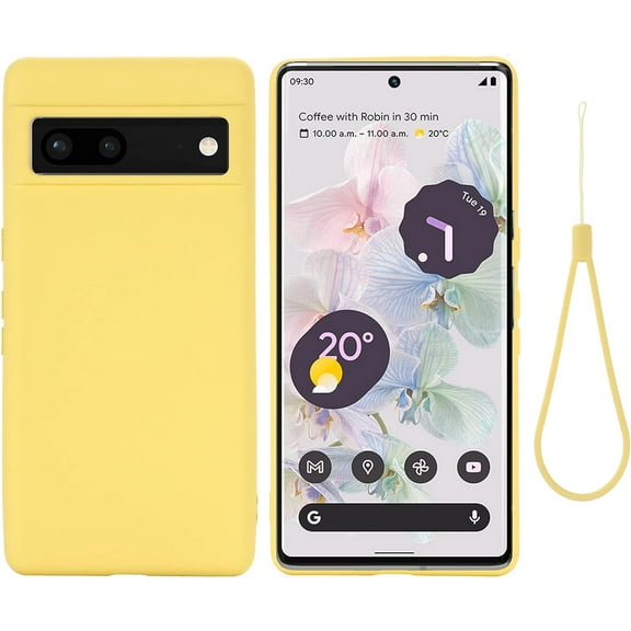 Designed for Google Pixel 7 2022 Case,Slim Liquid Silicone Rubber Shockproof Phone Cover with Wrist Strap Soft Anti-Scratch Microfiber Lining Protection Case for Google Pixel 7 (Yellow)