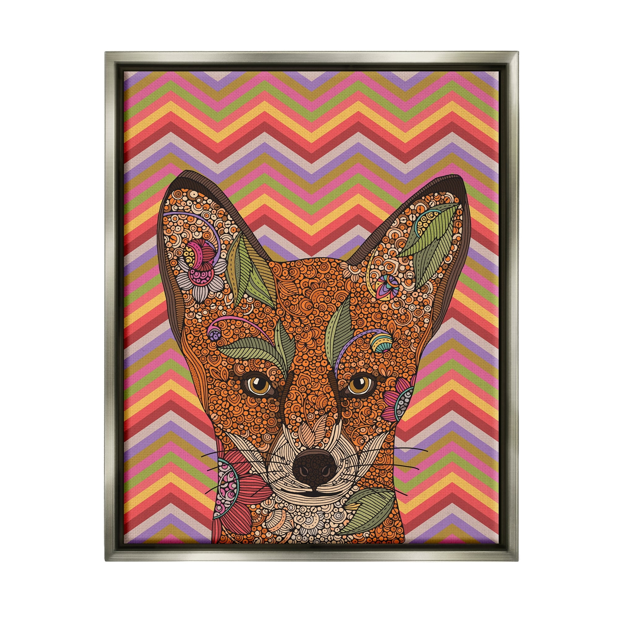 Stupell Industries Detailed Fox Retro Zig Zag Pattern Mandala Fractals Graphic Art Luster Gray Floating Framed Canvas Print Wall Art, Design by Valentina Harper