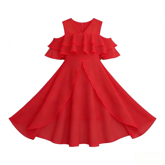 EnJoCho Kids Girls High-Lo𝗐 Chiffon Dress V-Neck Ruffl𝖾 Sleeve Fl𝗈wy Skirt for Birthday Wedding Maxi Gown 5-14 Years Teen Short Sleeve Casual Dress