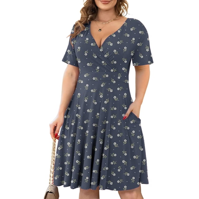 Robe Midi d'Été Aguichant Mode Décontractée Imprimée à Col Rond Grande Taille à Manches Courtes pour Femmes