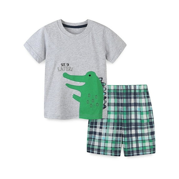 Boy Outfits Sets Cartoon Dinosaur Print Cotton Summer Short Sleeve T-Shirt and Shorts Kids 2PC Outfit Set Grey,5-6Y