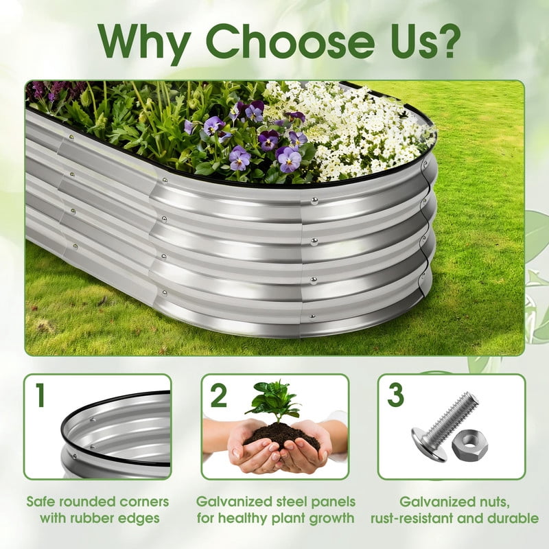 Gianna 2Pcs 6x3x1ft Galvanized Metal Raised Garden Bed,Oval Planter Box Outdoor, Silvery