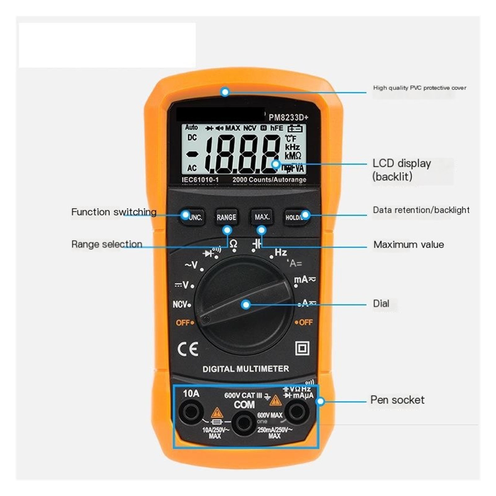 PM8233D Multimeter 2000 Counts Digital Multimeter DC AC Volt Meter Ohm Volt Amp Tester Measures Voltage Current Resistance Capacitance Continuity Diode Duty-Cycle Frequency NCV Live Wire Test