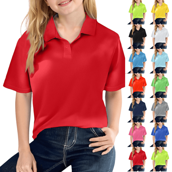 Girls Short Sleeve Polo Shirts Kids School Uniform Pique Polo Shirt 5-14 Years Red 150