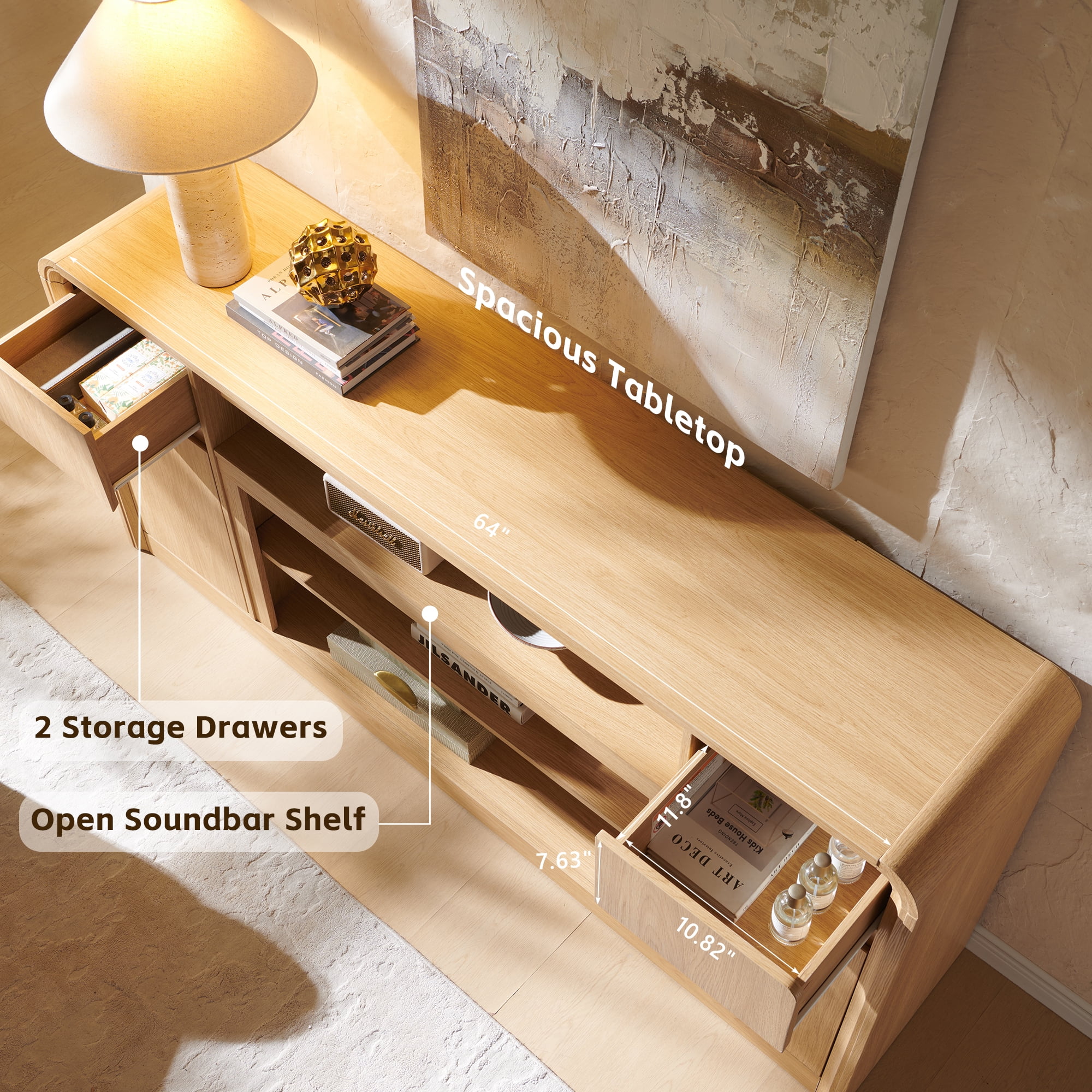 70" Modern TV Stand for TVs Up to 80 inch, 32" Tall Entertainment Center, Wood Media Console & Adjustable Shelves for Living Room, Curved Profile Design