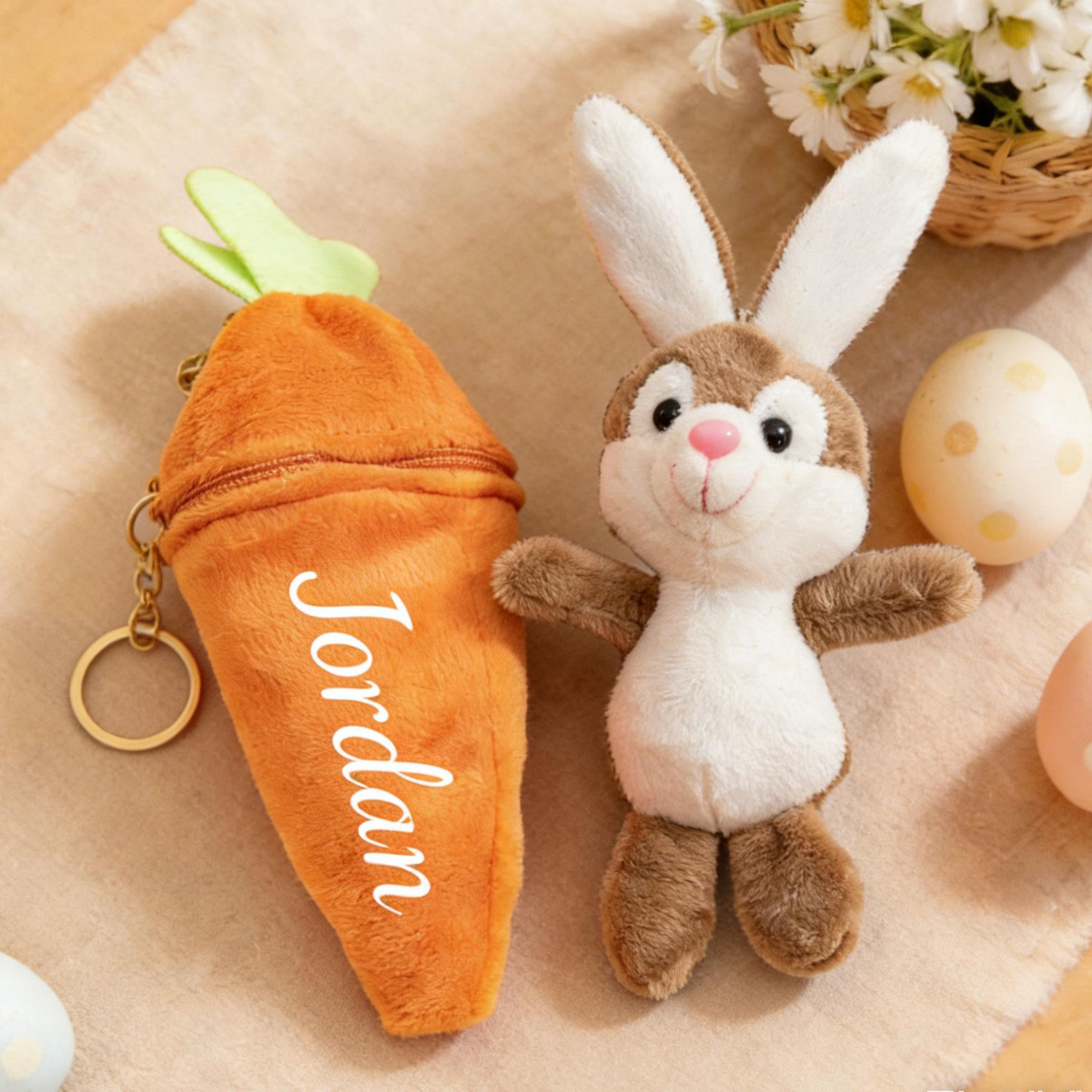 Personalized Easter Bunny Plush Accessory in Carrot Pouch – Custom Name Rabbit Gift