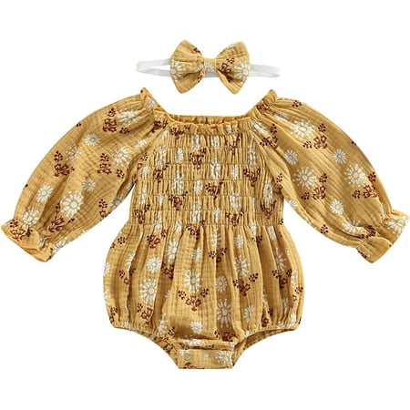 

QWZNDZGR 2pcs Infant Baby Girls Romper Headband 0-24M Ruffles Long Sleeve Off Shoulder Flowers Printed Sweet Jumpsuit