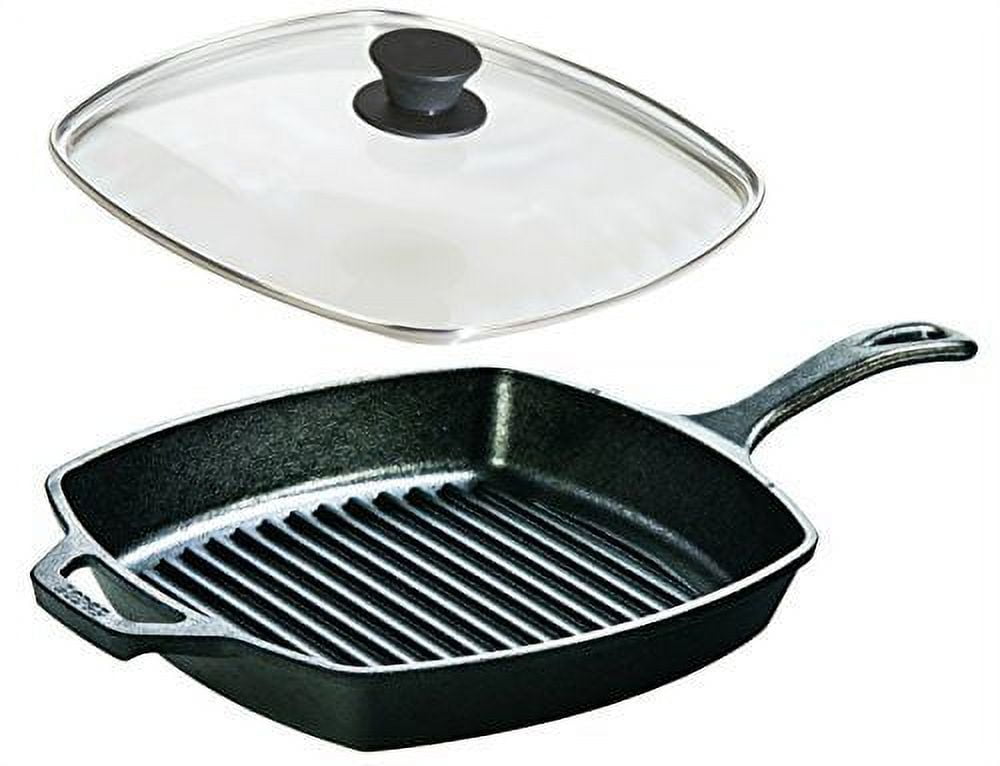 LODGE GRIDDLE 10.5 Square Cast Iron Grill Pan Skillet 8SGP w/Glass Lid USA