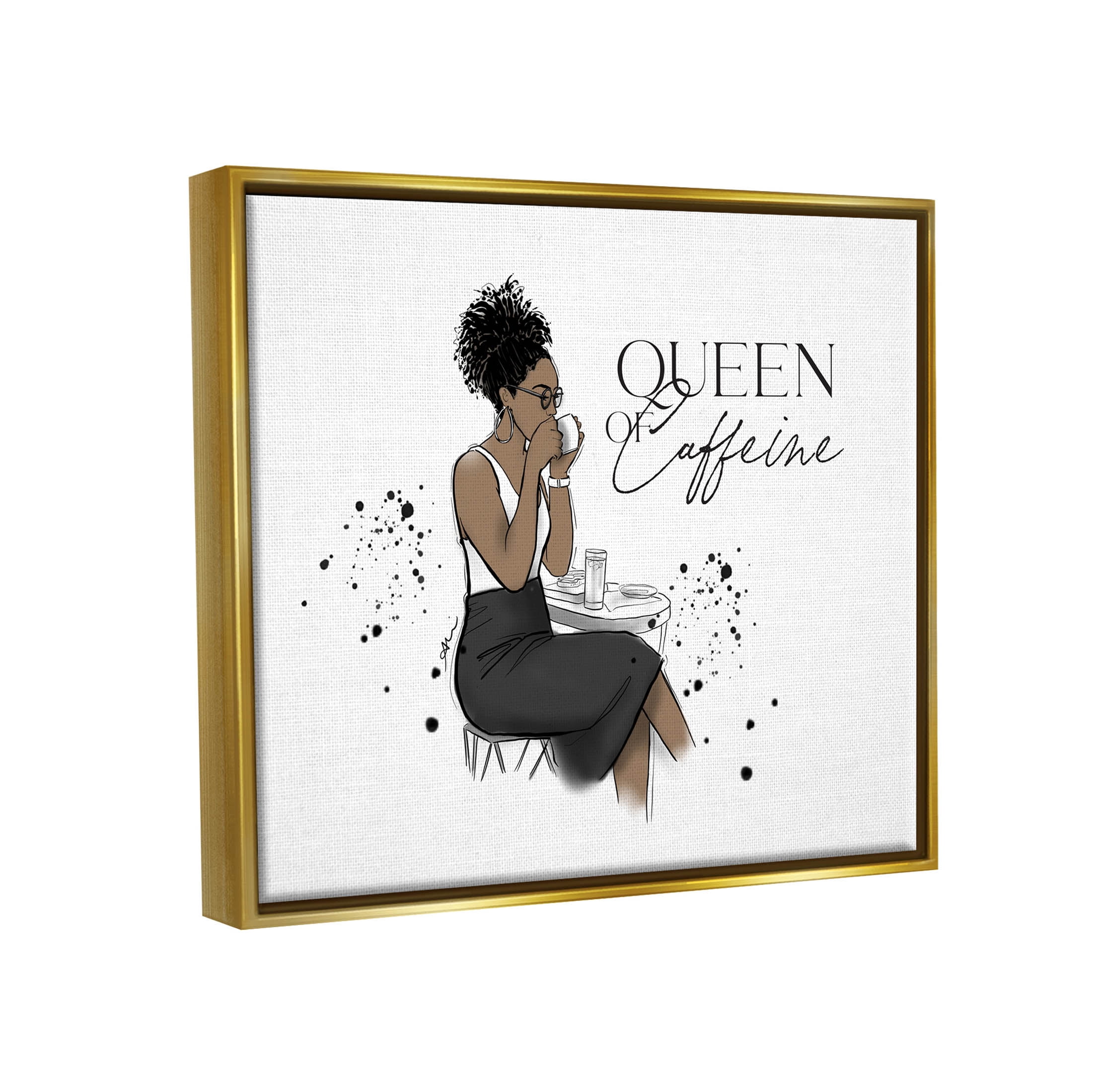 Stupell Industries Queen Of Caffeine Girl Graphic Art Metallic Gold Floating Framed Canvas Print Wall Art, Design by Alison Petrie