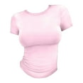 thumbnail image 4 of ZHENHONG T Shirts for Women,Fashion Solid Color Drop Shoulder Pullover Tops Round Neck Short Sleeve Button Down Shirt,Pink Women Blouses, 4 of 7