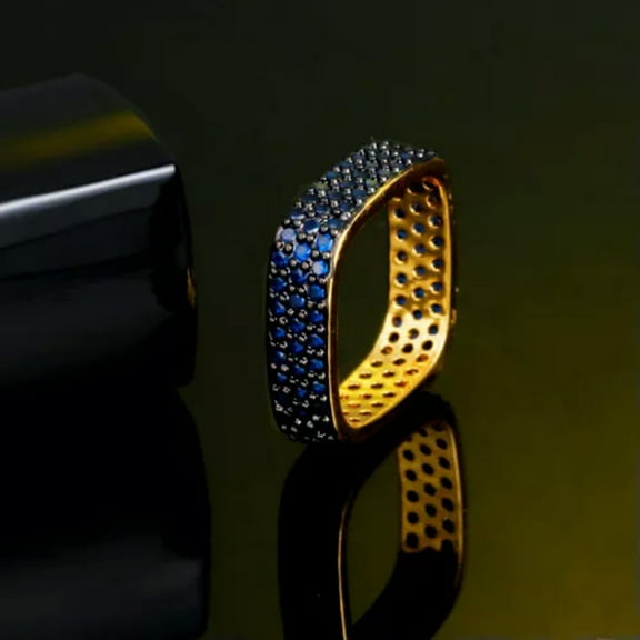 Unique Dark Blue Zircon Black Gold Square Round Ring for Female Engagement Party