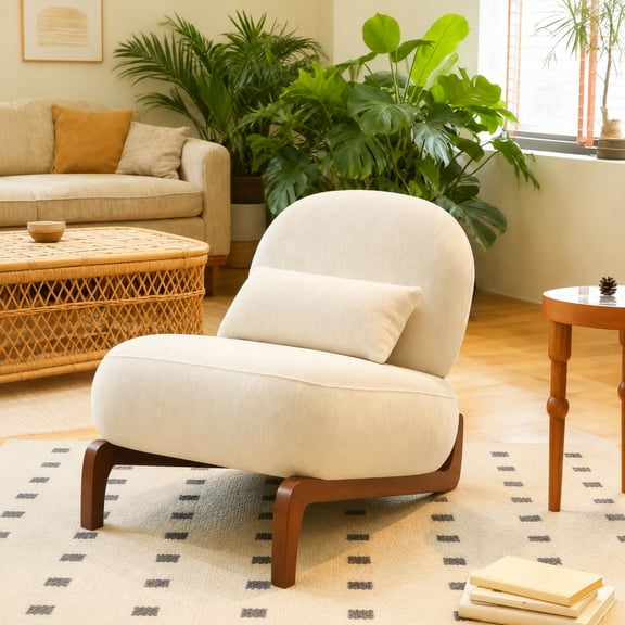 BSHTI 28.4" Velvet Upholstered Accent Chair with Pillow, Comfy Armless Design, Wood Legs for Living Room(White)