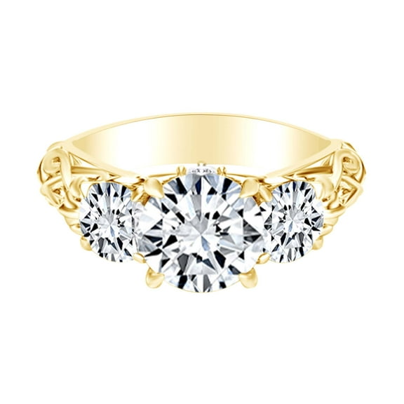 AFFY 1.54 Carat Round Shape Moissanite & Natural Diamond Three Stone Engagement Ring 14K Solid Yellow Gold Ring Size-5