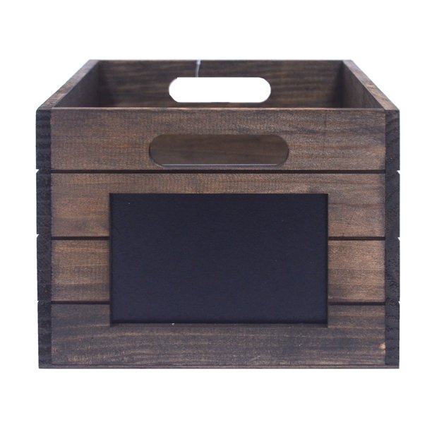 Mainstays Dark Brown Wood Crate with Chalkboard and Cut Out Handles