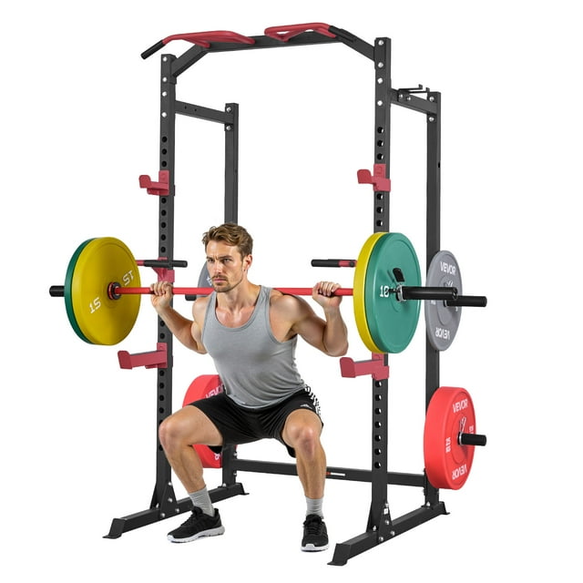VEVOR Support d'Entraînement Power Cage, Support Multifonction pour Barre et Squats avec Hauteur Réglable, Équipement d'Entraînement de Force pour Gym à Domicile avec Crochets en J et Plus d'Accessoires de Mise en Forme pour Banc, Pressage, Traction et Trempettes