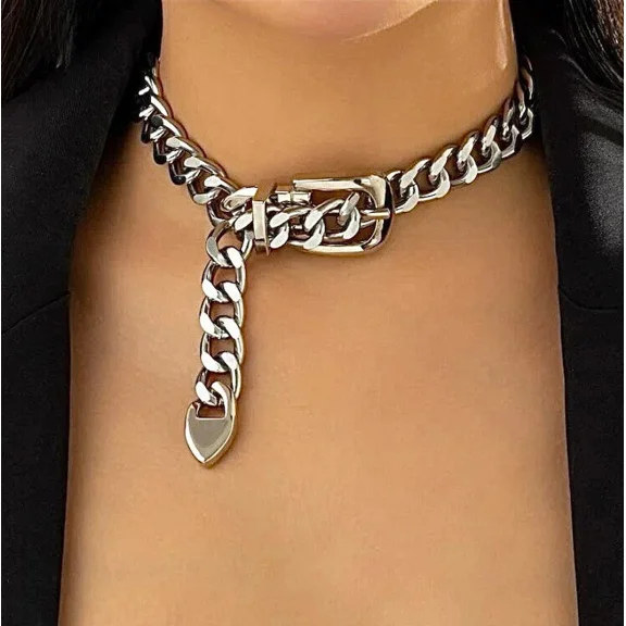 Silver Belt Buckle Choker, Chain Link, Exaggerated, Statement Necklace, Trendy