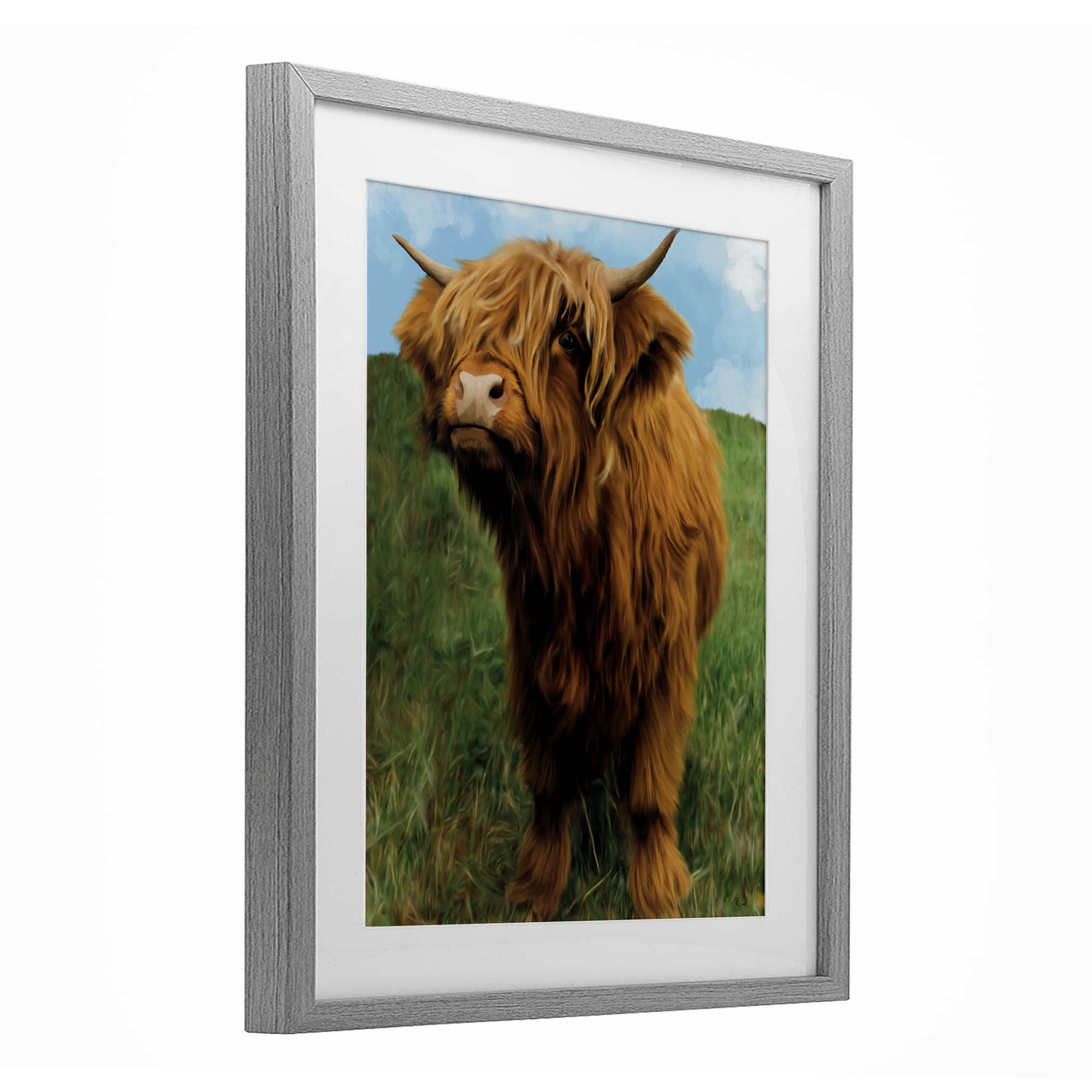 Stupell Industries Mini Highland Cow Calf Gray Framed Print Under Glass, design by Renel Peters