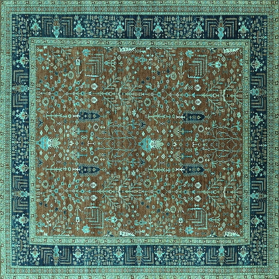 Ahgly Company Indoor Square Oriental Turquoise Blue Industrial Area Rugs, 7' Square