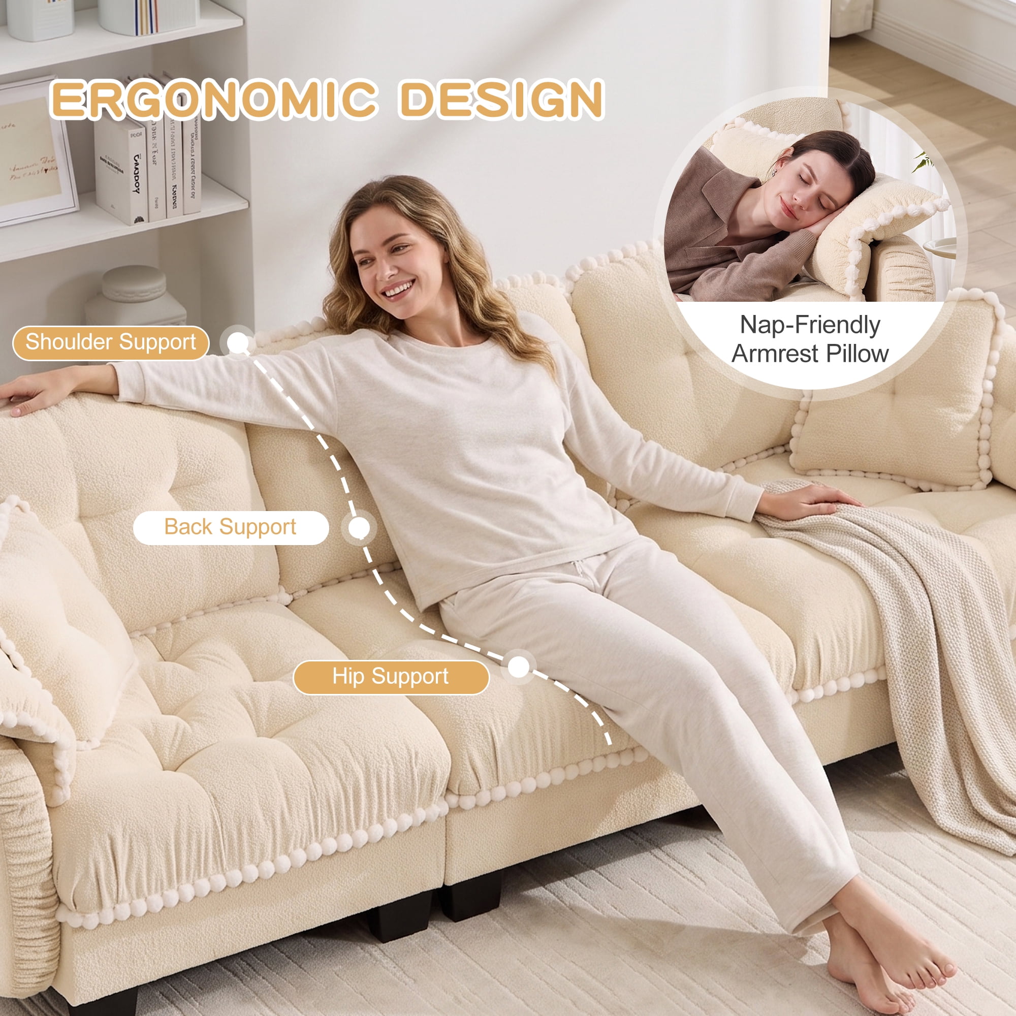Anpport 100" Chenille Cloud 3‑Seater Sofa with 4 Pillows, Pom‑Pom Trim, Quilted Tufted Ergonomic, Easy Assembly Deep Seat for Living Room Apartment, Cream