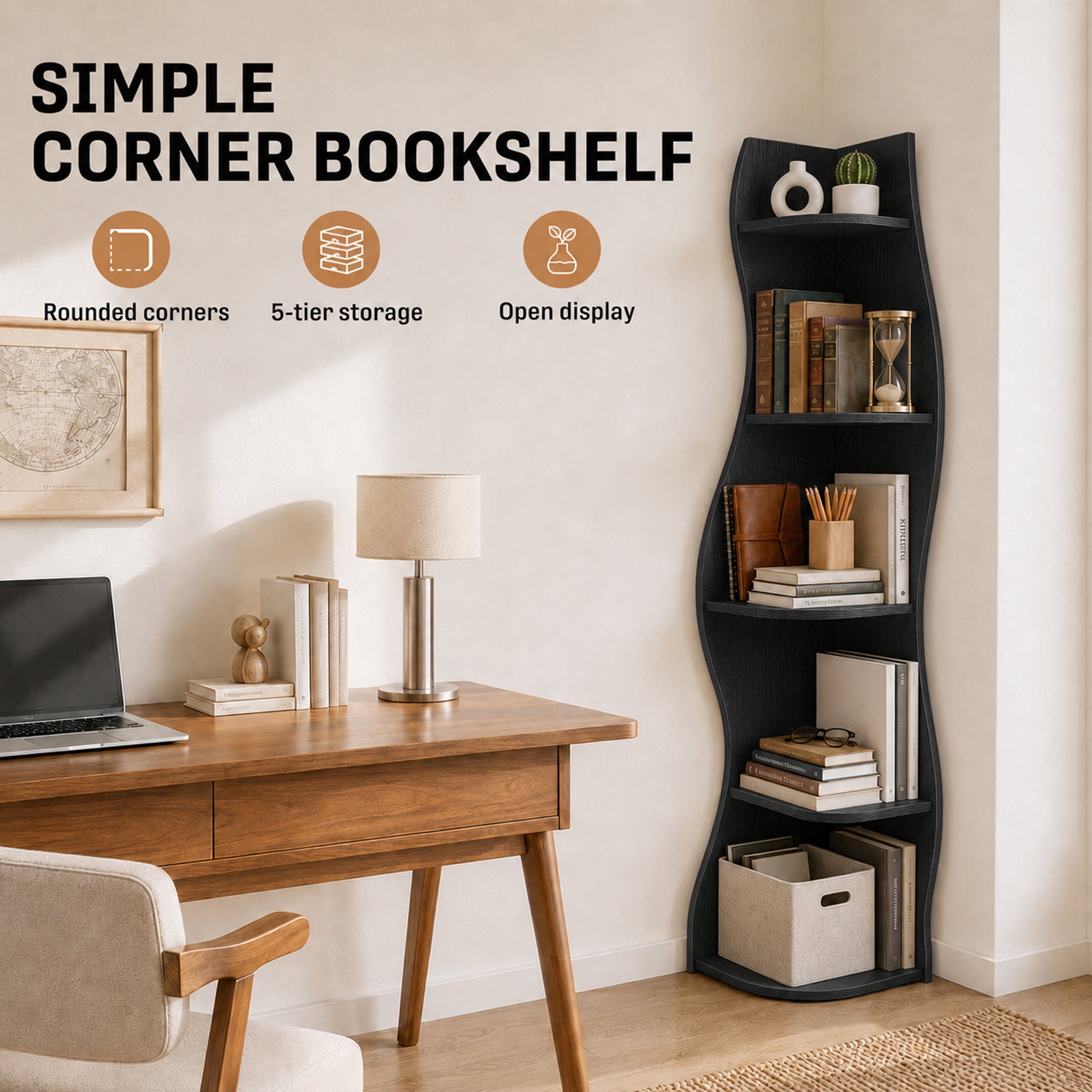 Leumius 5-Tier Bookshelf,Freestanding S-Shaped Corner Shelf Curved Display Rack,Space-Saving Corner Display Bookshelf/Plant Stand for Living Room Home Office,Black