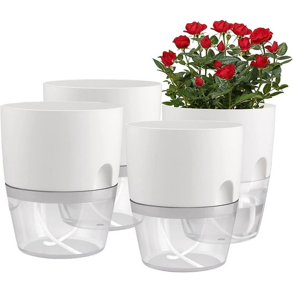 Set of 4 herb pots with irrigation system, flower pot with self-watering herb garden for fresh kitchen herbs, 18.2X 11x 15.3 cm, white-Vinsniv