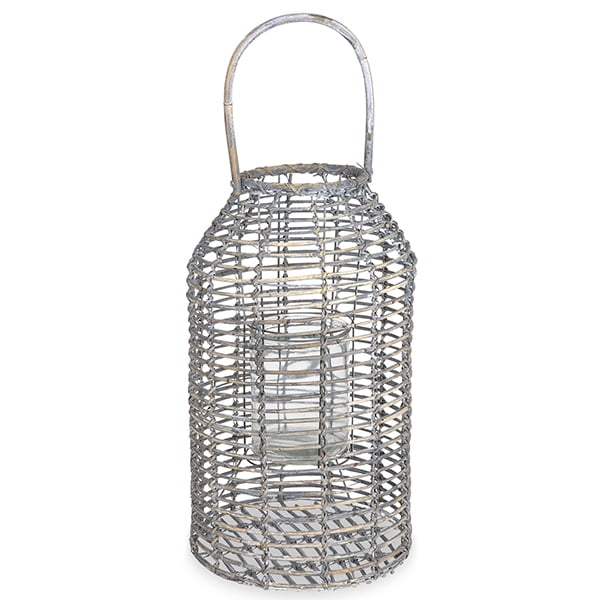 Tall Wide Rattan Lantern with Glass Candle Holder Grey