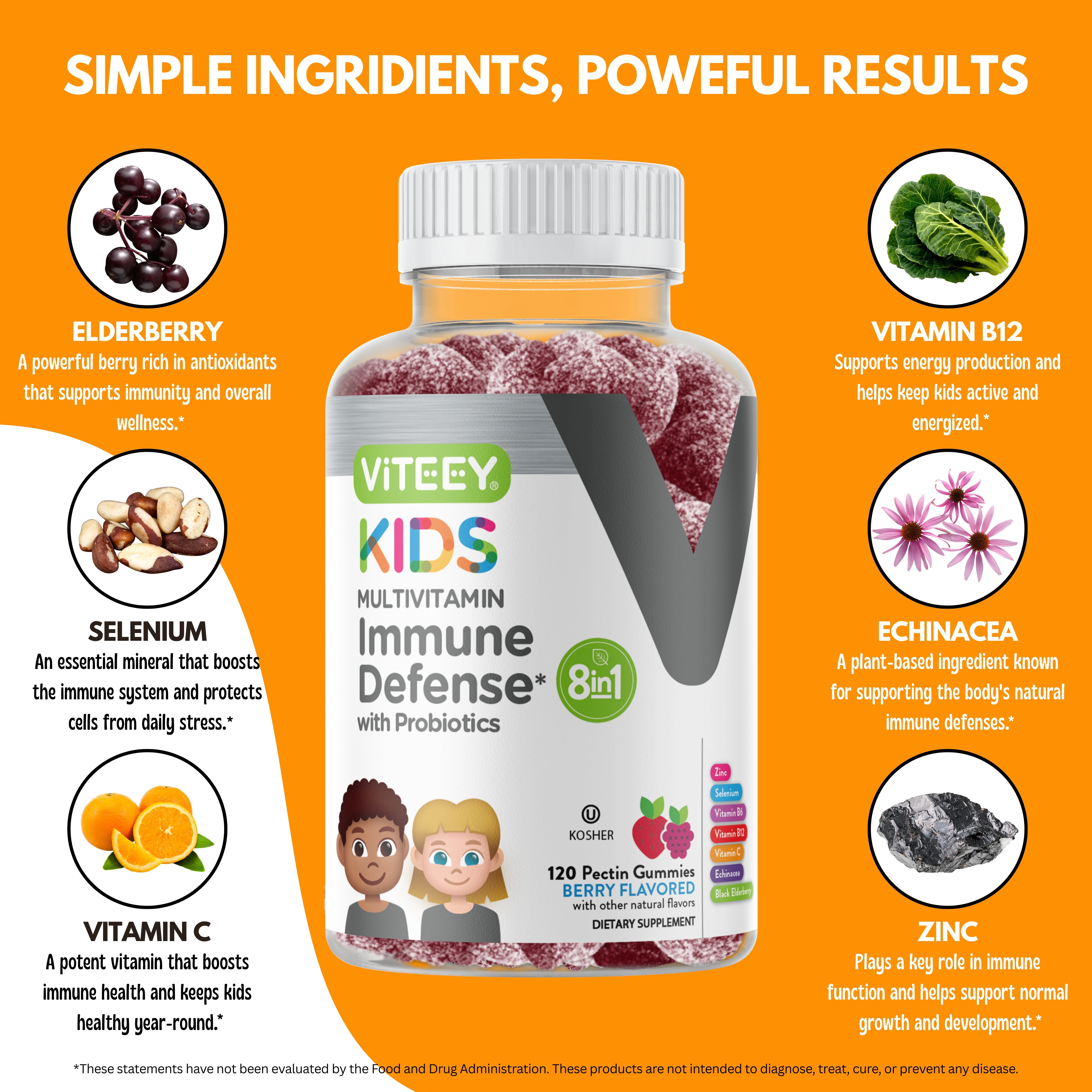VITEEY Kids Multivitamin Gummies with Probiotics, Immune Support, Berry Flavor, 120 Ct