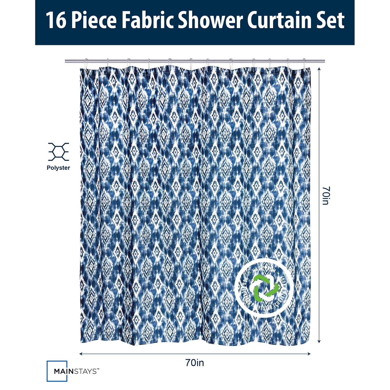 Mainstays 16-Piece Blue Ikat Shower Curtain Bathroom Set – Fabric Curtain with Rug, Hooks, Soap Dispenser & Tray