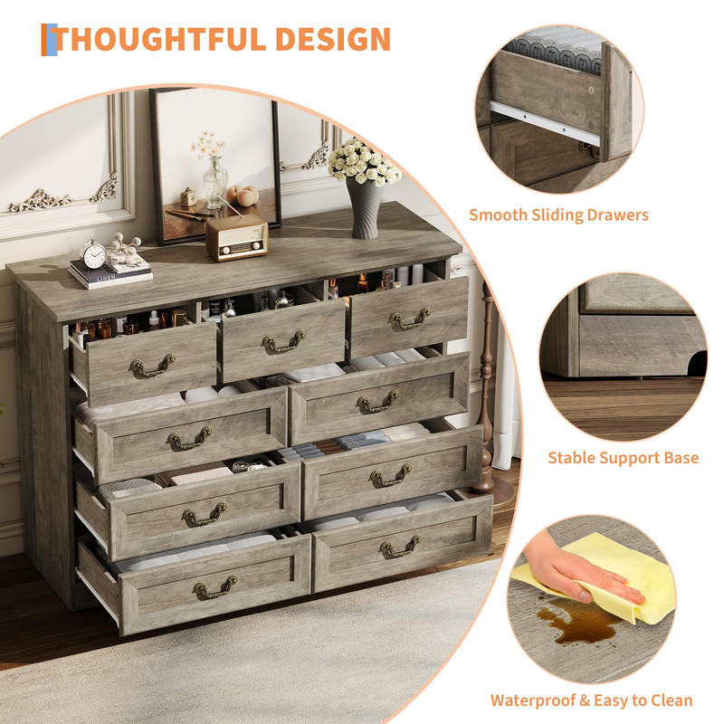 TROPOW Vintage 9 Drawer Dresser for Bedroom, 47" Wide Chest of Drawers with Natural Wood Texture, Wooden Storage Organizer for Closet, Living Room, Hallway,Black