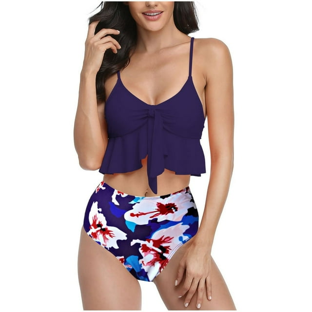 Womens Two Piece Swimsuits Smocked Ruffled High Waisted Bikini Set Bathing Suit Floral Print