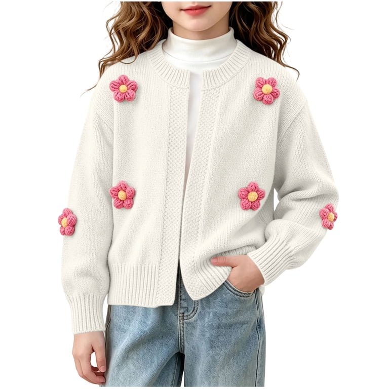 Mgmyaa Girls Knit Cardigan with 3D Flowers, Long Sleeve Button Down ...