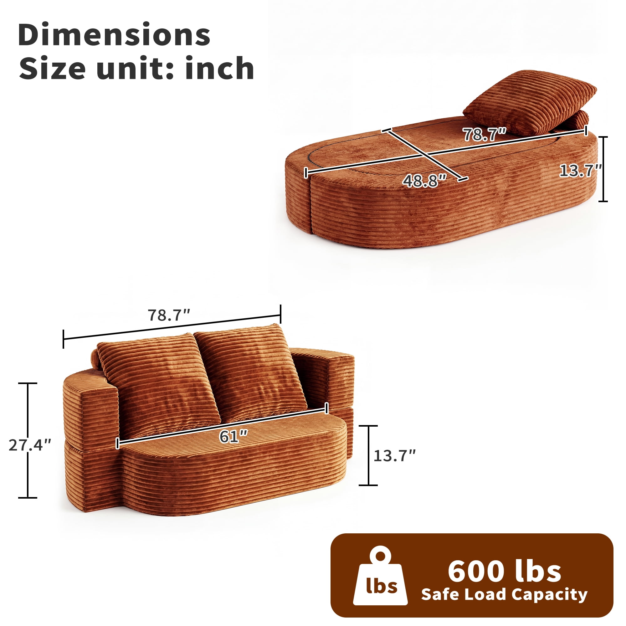 Floor Sofa, Full Size Sleeper Couch, Folding Futon Sofa Bed with Corduroy Fabric, Foam-Filled Mattress, 2-in-1 Convertible Loveseat, 78.7-Inch Width, No Assembly Required for Apartment, Rust Red