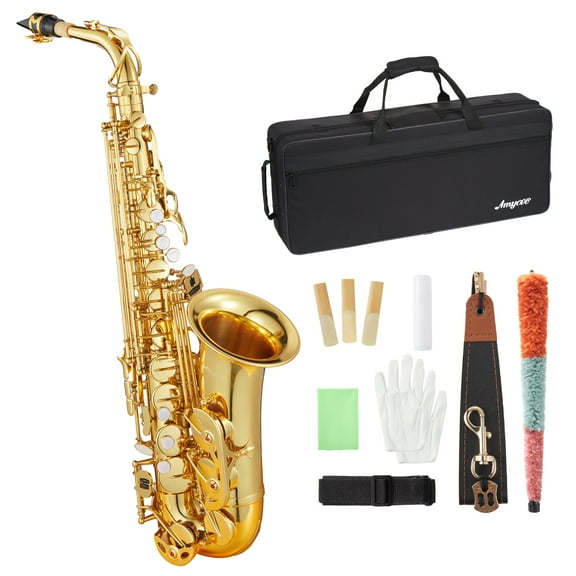 Alto Saxophone E Flat for Beginner Sax Full Kit with Mouthpiece, Straps, Reeds, Stand, Golden Lacquer