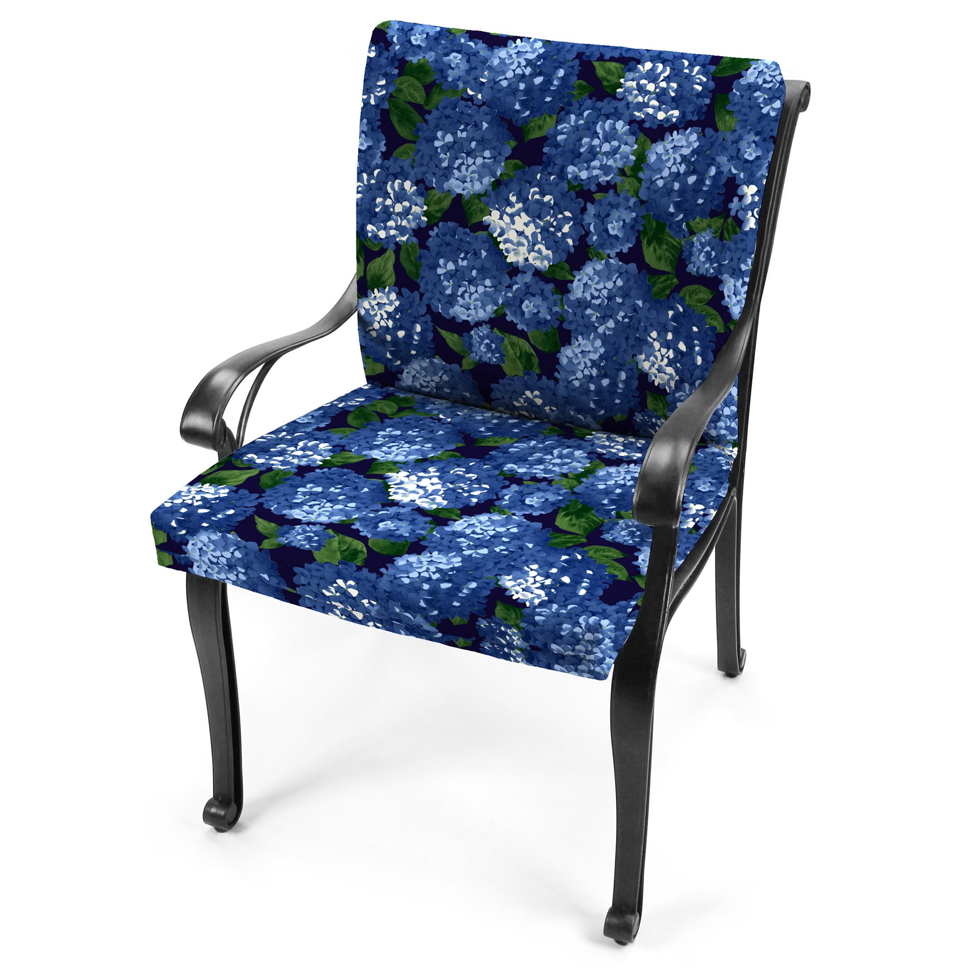 Jordan Manufacturing 44" x 22" Hydrangea Midnight Navy Floral Rectangular Outdoor Chair Cushion with Ties
