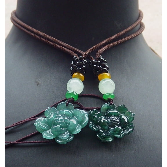 2 Pcs Certified Icy Green Burma 100% Natural A Jade jadeite pendant Lotus Flower Necklace 666452 TN