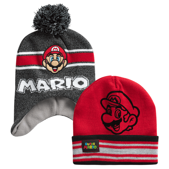 Nintendo Boys' Super Mario Bros. Winter Hat - 2 Pack Super Mario Pom Pom Beanie (4-7)
