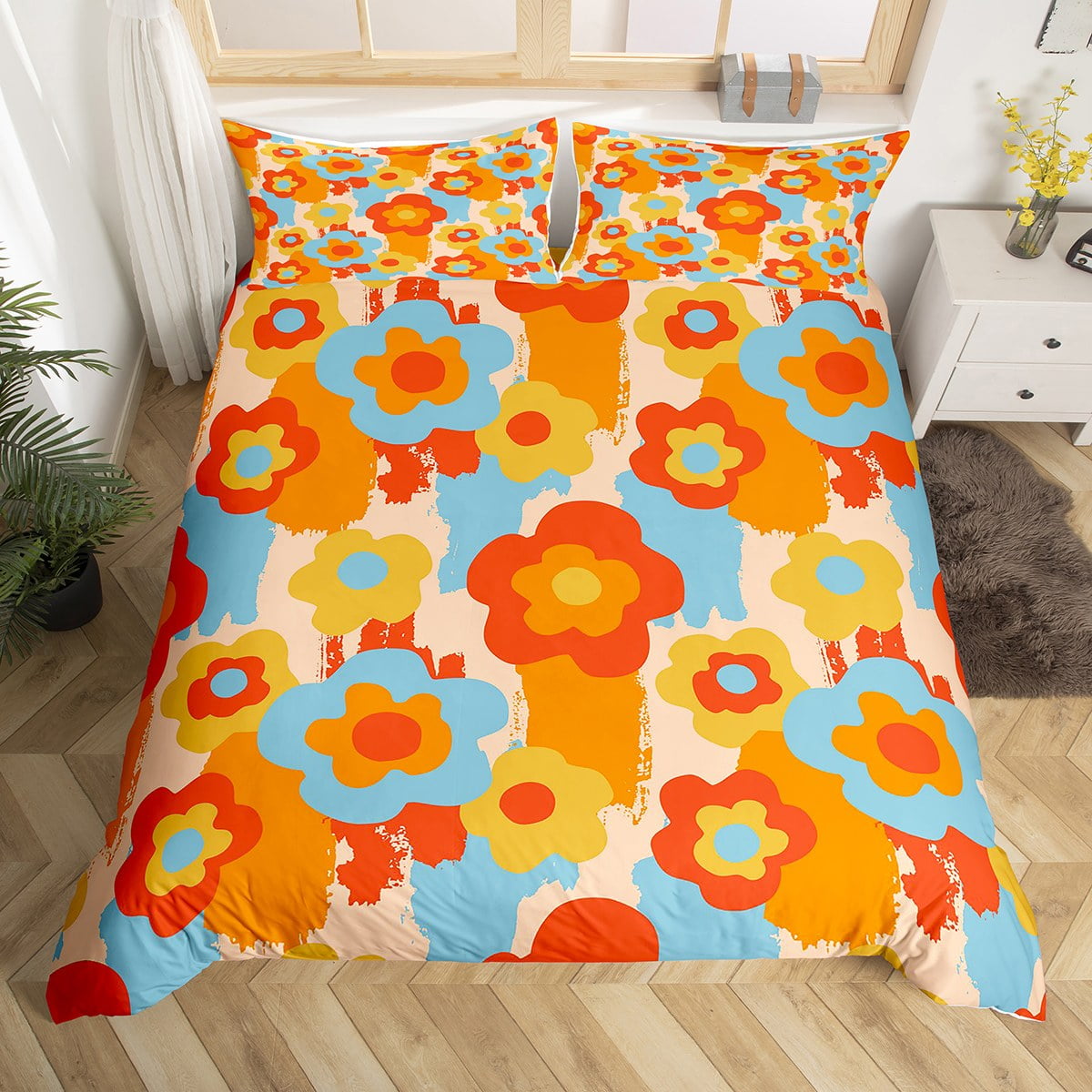 Hippie Flower Bedding Set Full,Abstract Bohemian Floral Duvet Cover 80S 90S Vintage Psychedelic