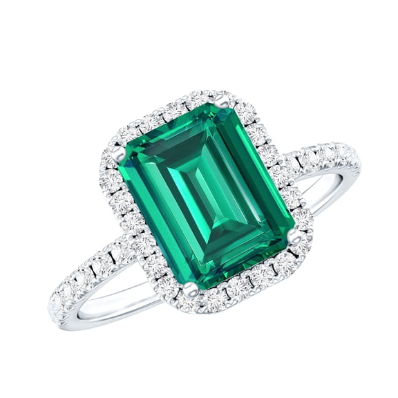 Rosec Jewels Lab Grown Emerald Engagement Ring with Halo - Emerald Cut Emerald Ring with Diamond (AAAA Quality Certified), 925 Sterling Silver, US 4.00