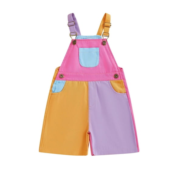 FINALGANG Toddler Kids Boys Girls Color Block Overalls Shorts Adjustable Straps Patch Pocket Casual Bib Overalls For Summer Daily Wear Leisure Shorts