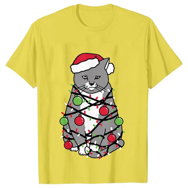 Camiseta con luces navideñas para mujer, camisetas con estampado gráfico de gato bonito, camisetas de manga corta, ropa de calle divertida, camiseta de marca, ropa femenina