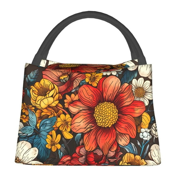 Fotbe Colorful Vintage Floral Pattern Bolsa Térmica Portátil con Estampado, Bolsa de Entrega de Alimentos Aislada, Bolsa Reutilizable de Gran Capacidad para Comidas y Supermercado