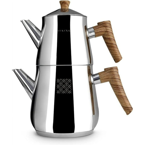 Serenk Definition Stainless Steel Teapot Set, 1L Teapot & 2L Lower Pot, Double-Stacked Design, Induction Compatible, Mirror Polished Finish, Tea Kettle for Home