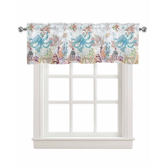 Coastal Octopus Linen Curtain Valance for Bedroom/Bathroom/Kitchen/Living/Dining Room Window,Ocean Shells Corals Conch Summer Floral Boho Pocket Topper Drapes Decorative Cafe Drapery Panel 54"x18"