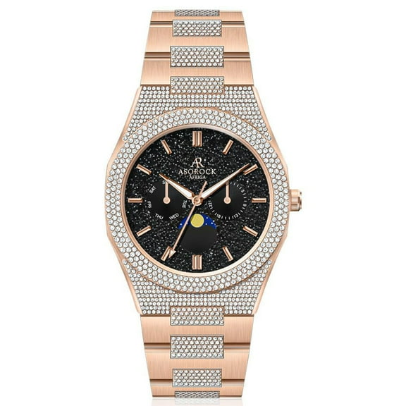 Asorock Watches | Gold/Black | Iced transporter - Small diamond bezel - Half iced strap | 44mm CZ diamond watch