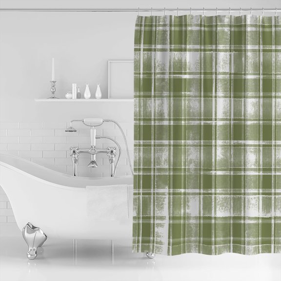 Waterproof Shower Curtain, Sage Green Checkered Polyester Fabric Bathroom Curtains with 12 Hooks, 48" W x 72" H, Vintage Watercolor Sage Green Plaid Quick-Drying Bathtub Curtain