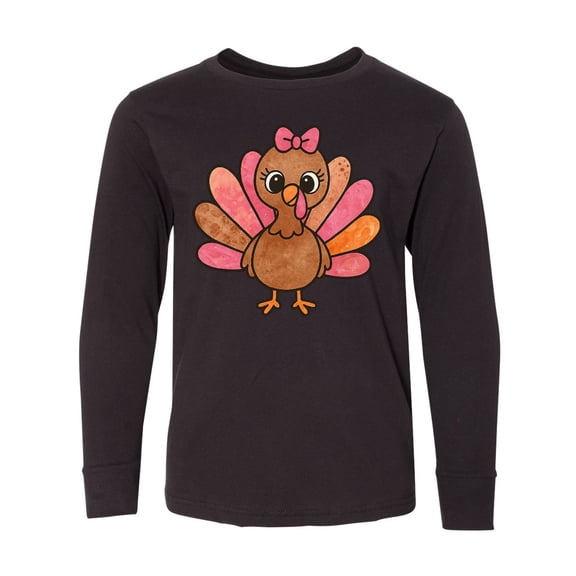 Inktastic Cute Turkey with Pink Bow Thanksgiving Design Long Sleeve Youth T-Shirt