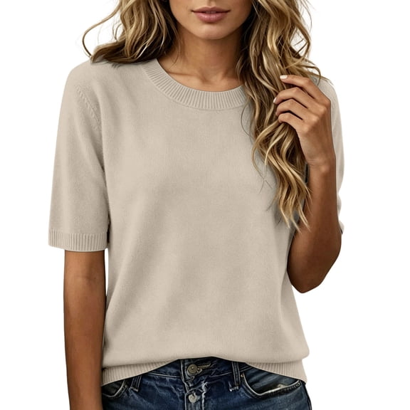 Landzoo Women'S Shirts Solid Color Short Sleeve Crew Neck T-Shirt Summer Loose Fit Women Tops Size L Beige