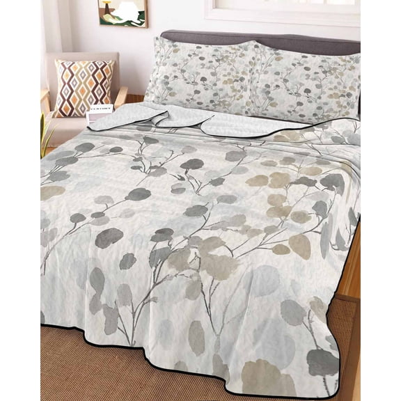 Gray Botanical Twin Size Down Alternative Comforter, Lightweight Comforter Quilt Bedding Set with Pillow Shams Farmhouse Spring Summer Floral Leaves All Seasons Bed Comforter Duvet Insert 68"x86"