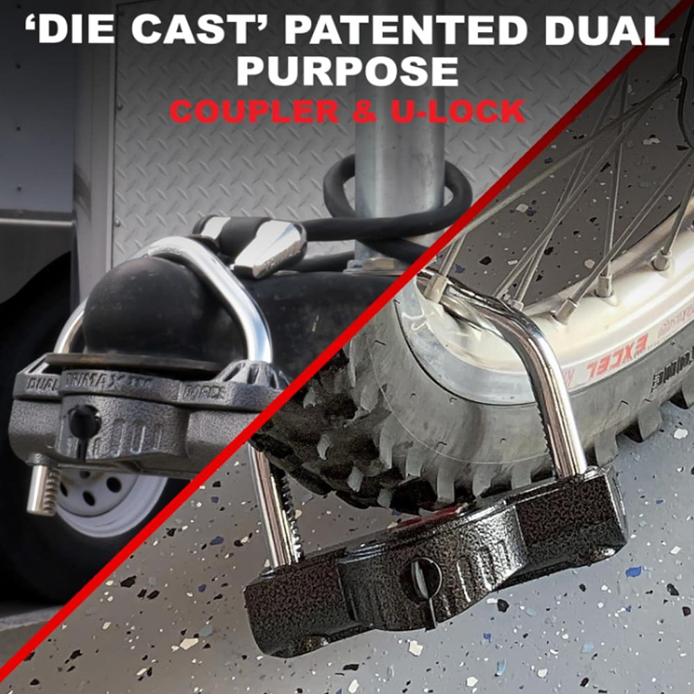 TRIMAX UMAX50 - Deluxe UNIVERSAL Dual-Purpose Trailer Coupler Lock w/ Integrated U-Lock Feature: 9/16″ Hardened Steel Shackle