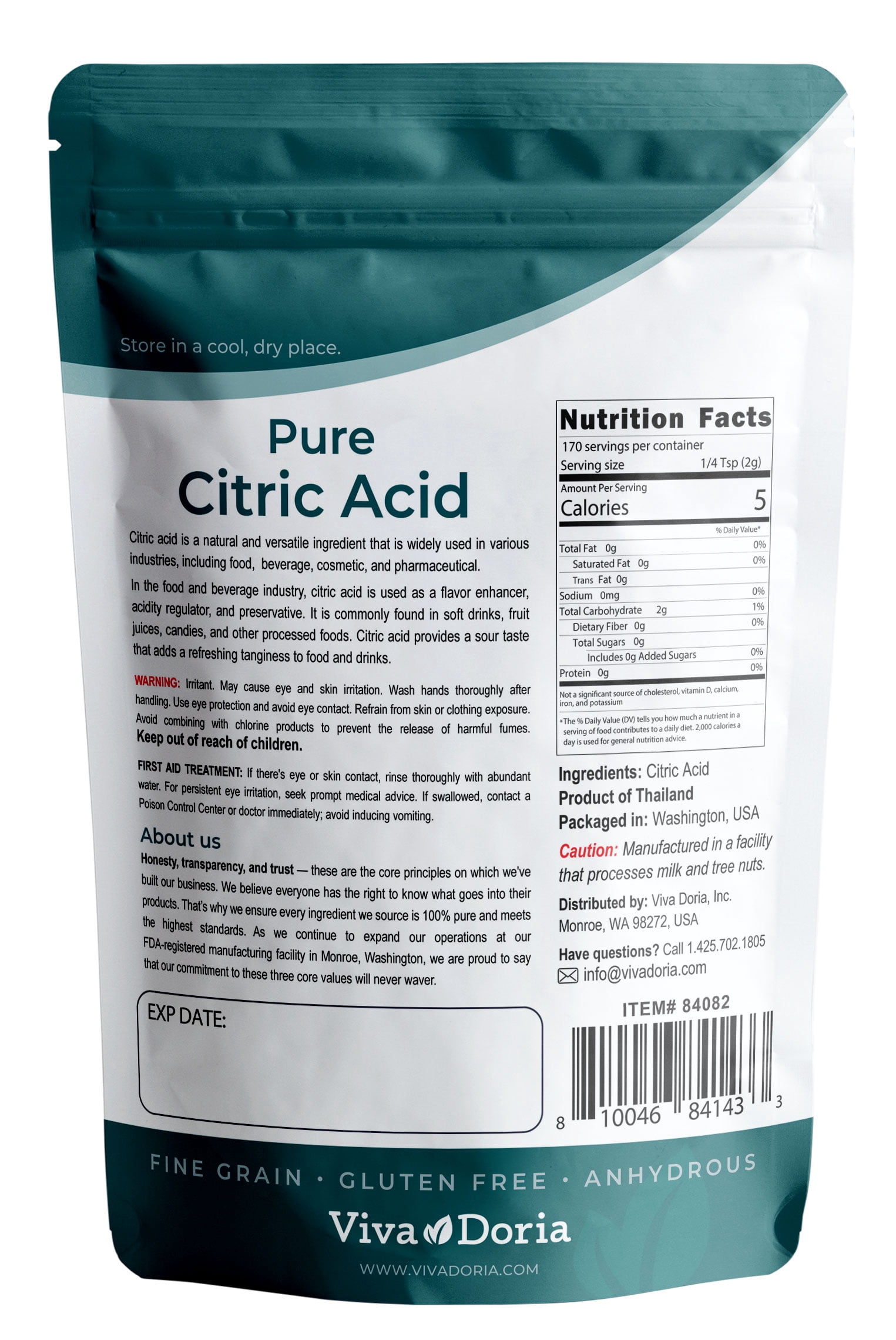 Viva Doria Pure Citric Acid, Food Grade, Fine Grain,  12 oz (340 g)
